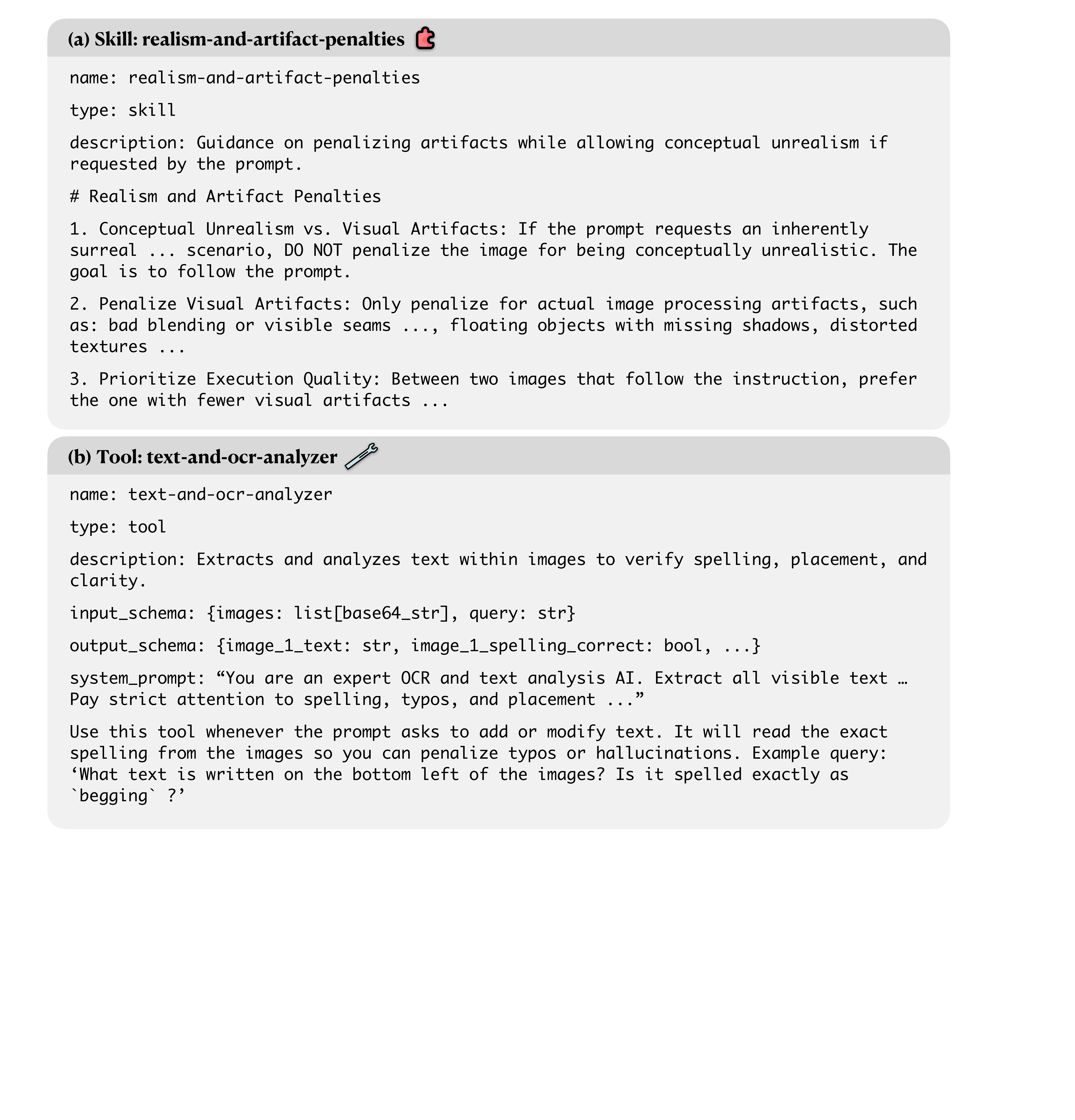 Two side-by-side cards showing a Skill (realism-and-artifact-penalties — a 3-point declarative rubric) and a Tool (text-and-ocr-analyzer — a system_prompt + input/output schema for VLM-based OCR), both sampled from an evolved RewardHarness Library.