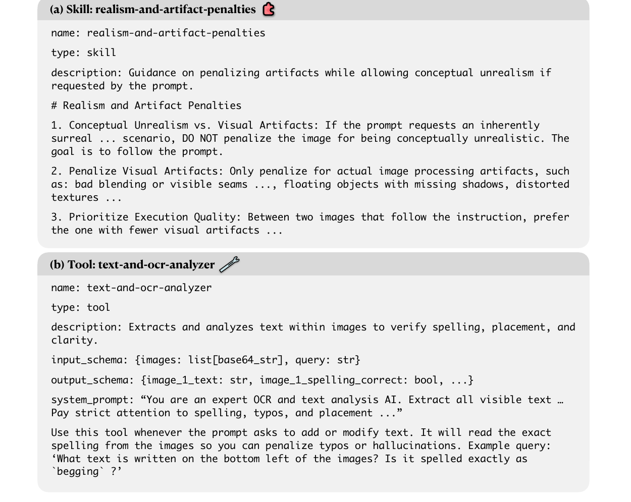 Two side-by-side cards showing a Skill (realism-and-artifact-penalties — a 3-point declarative rubric) and a Tool (text-and-ocr-analyzer — a system_prompt + input/output schema for VLM-based OCR), both sampled from an evolved RewardHarness Library.